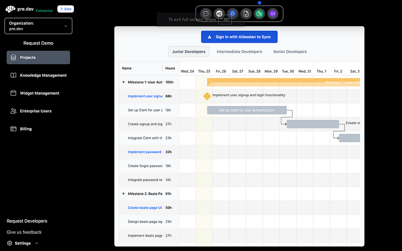 pre.dev gives PM powers to non-technical founders who can project out their full product roadmaps and track progress using tools such as Jira.