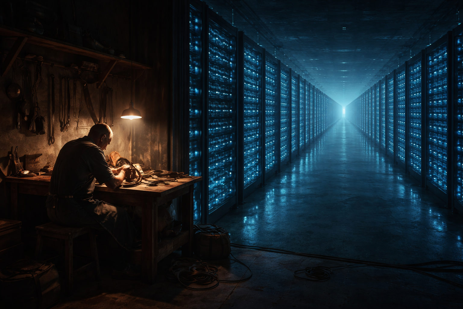 Craftsman at a workbench under a warm lamp stitching leather tack, beside a vast, cold blue data center corridor of glowing…