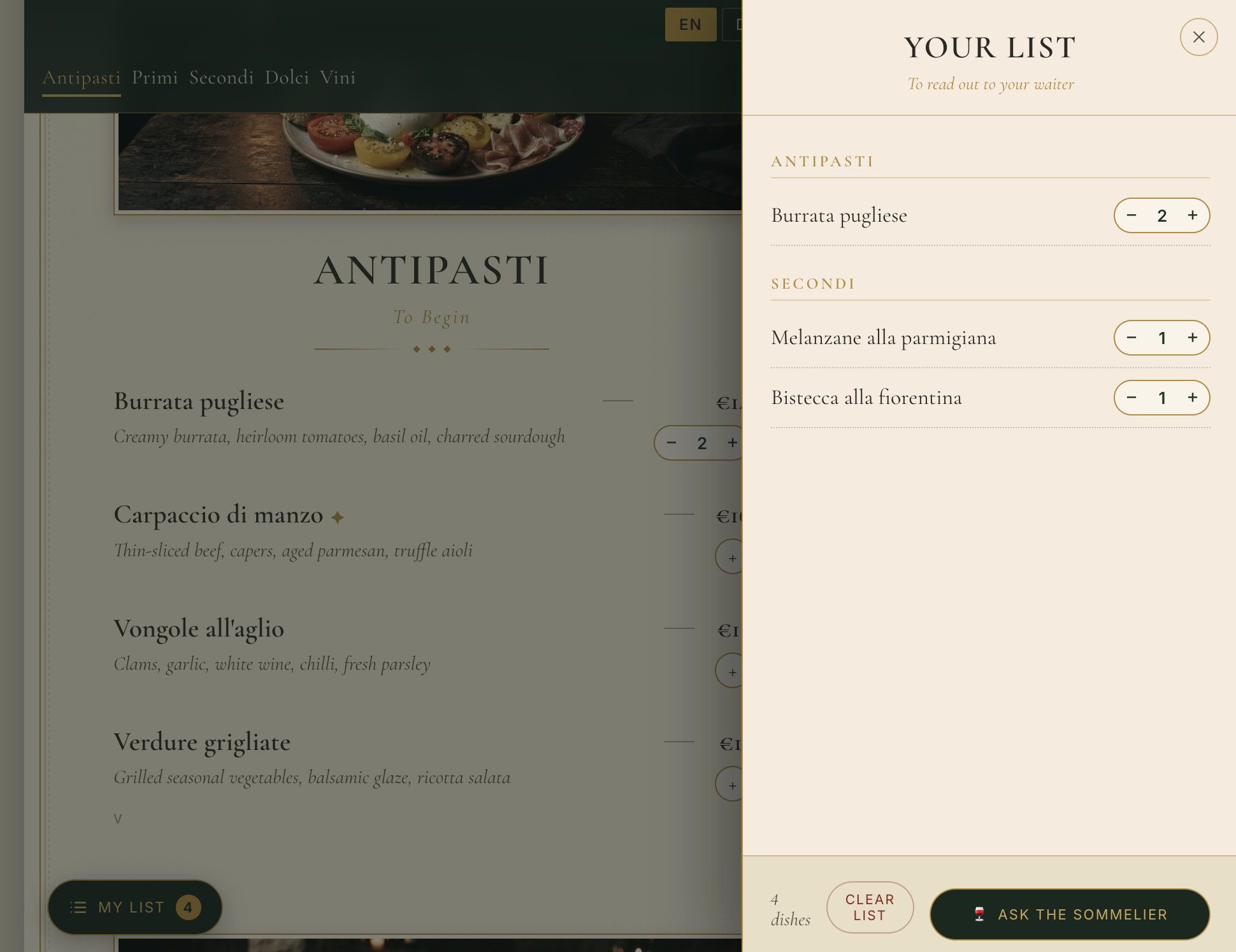 Restaurant menu app with a "Your List" panel open, showing three dishes and an "Ask the Sommelier" button