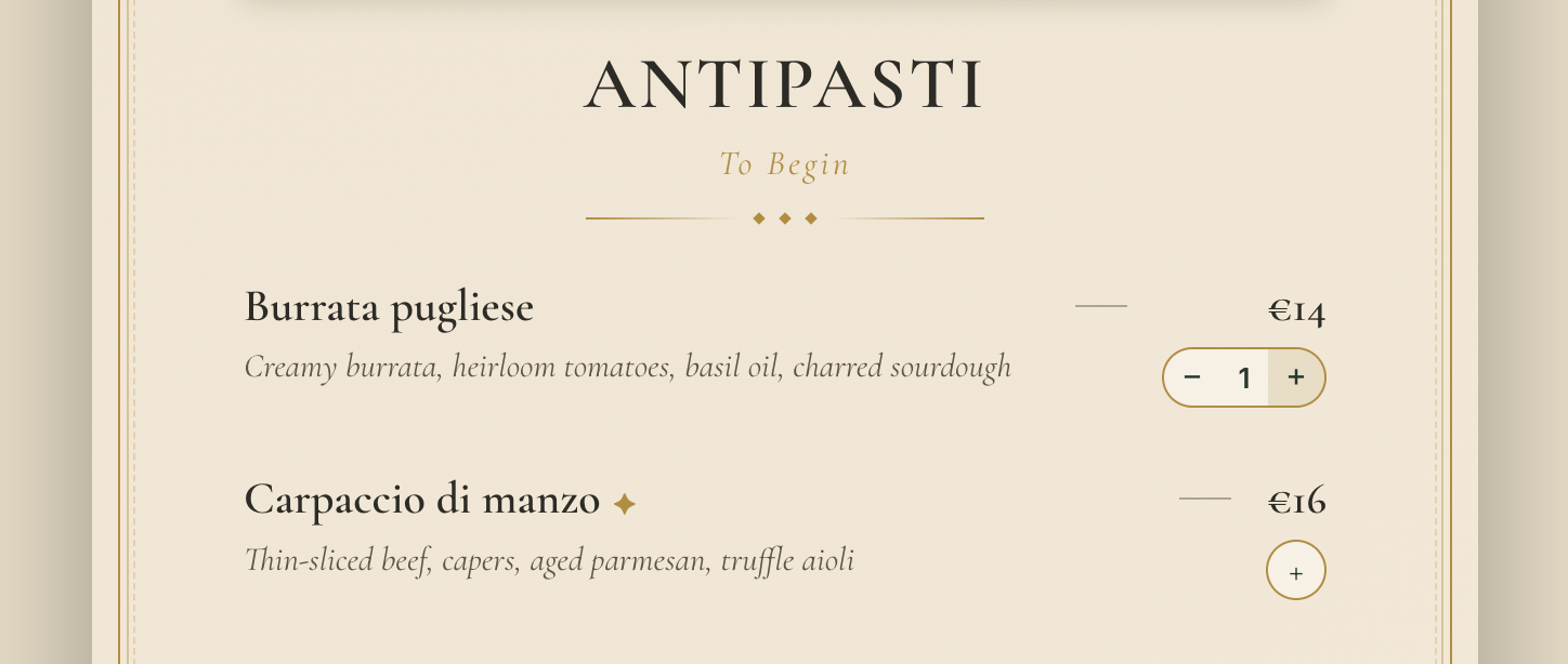 Antipasti menu section with a quantity stepper set to 1 on Burrata pugliese (€14) and an add button on Carpaccio di manzo…