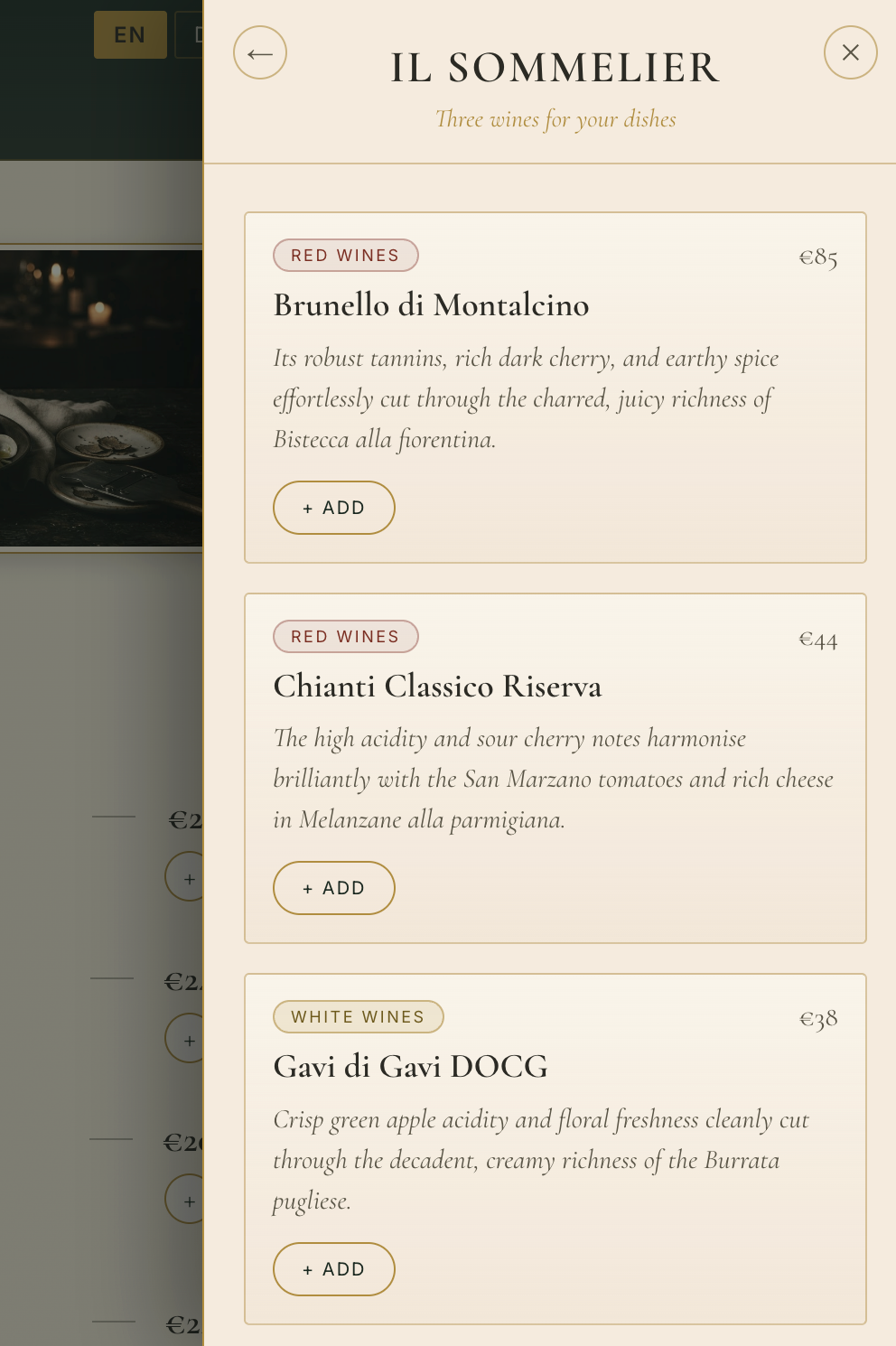 Il Sommelier panel on a restaurant menu app suggesting three wines: Brunello di Montalcino €85, Chianti Classico Riserva…