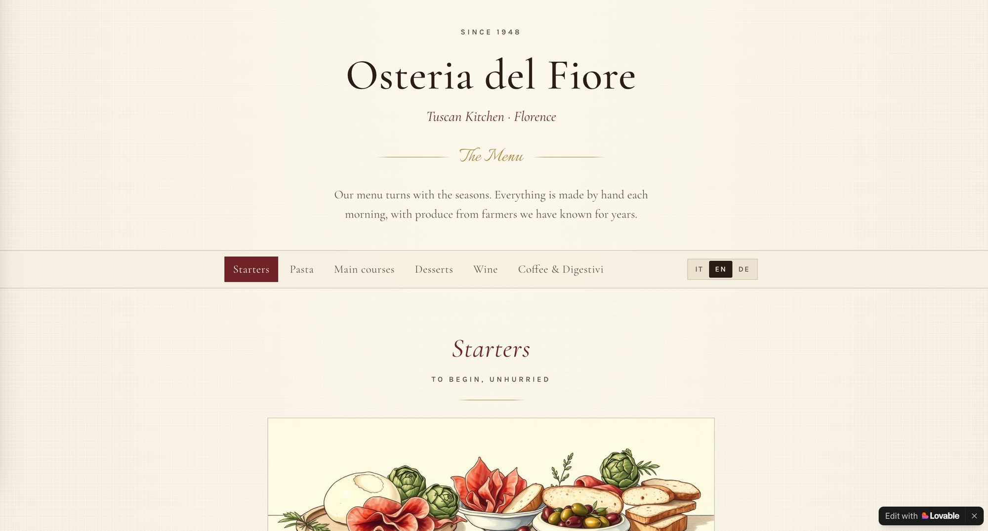 Lovable-built Osteria del Fiore menu page with Starters tab selected, IT/EN/DE language toggle, and an illustrated…