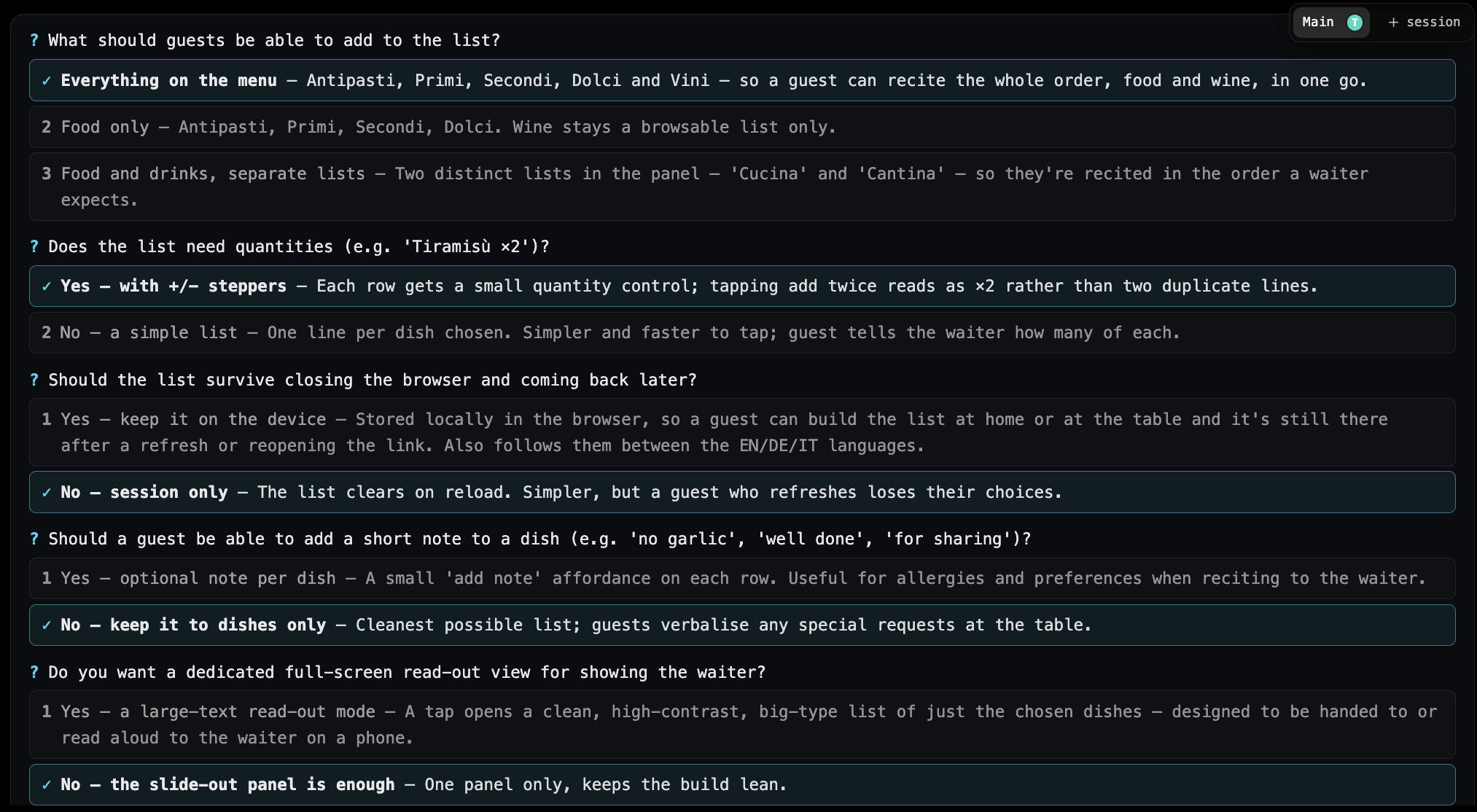 Pre.dev plan mode showing five clarifying questions with options, such as quantity steppers and session-only storage, for a…