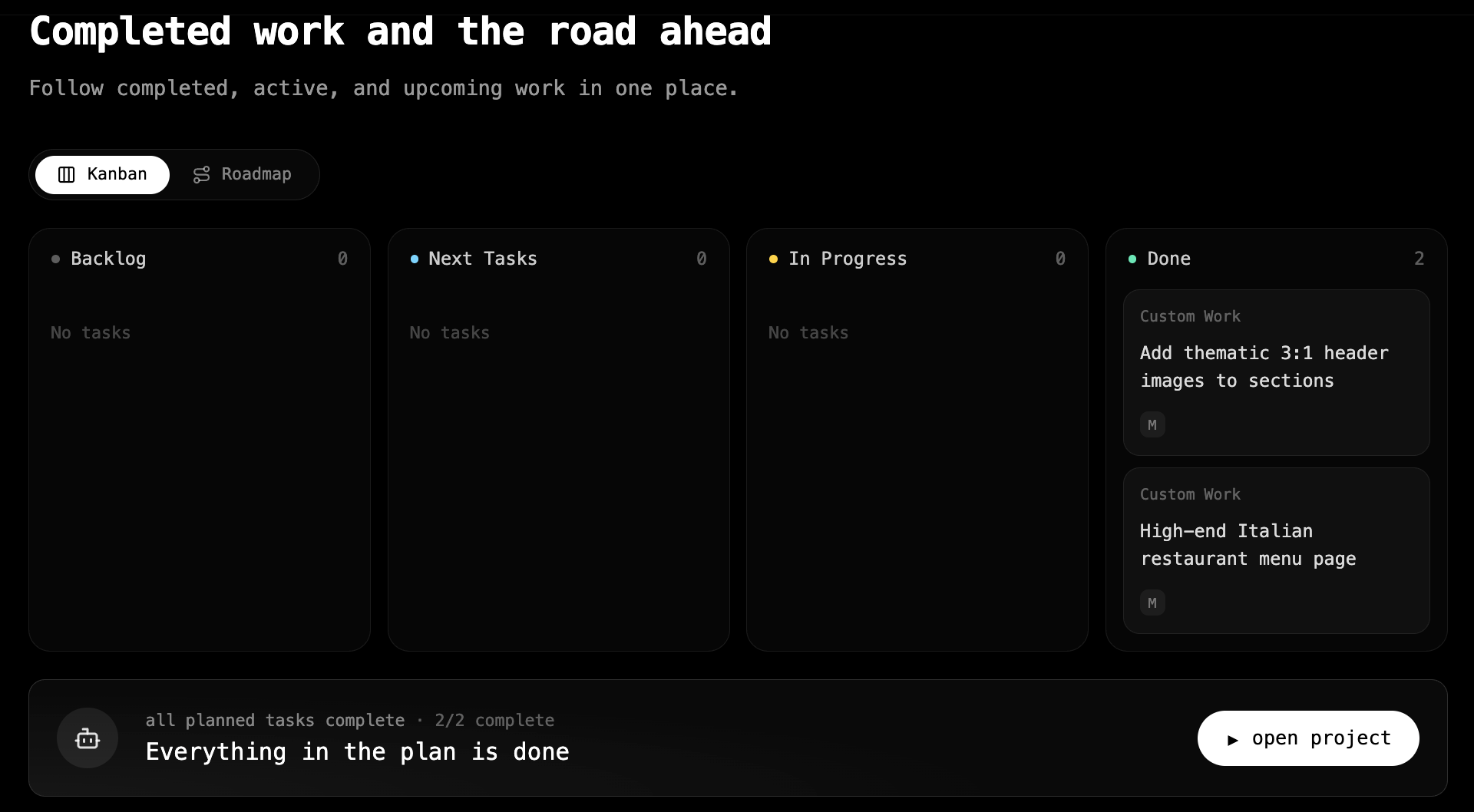 Pre.dev Kanban board with Backlog, Next Tasks and In Progress empty and two Done tasks: header images and an Italian menu…