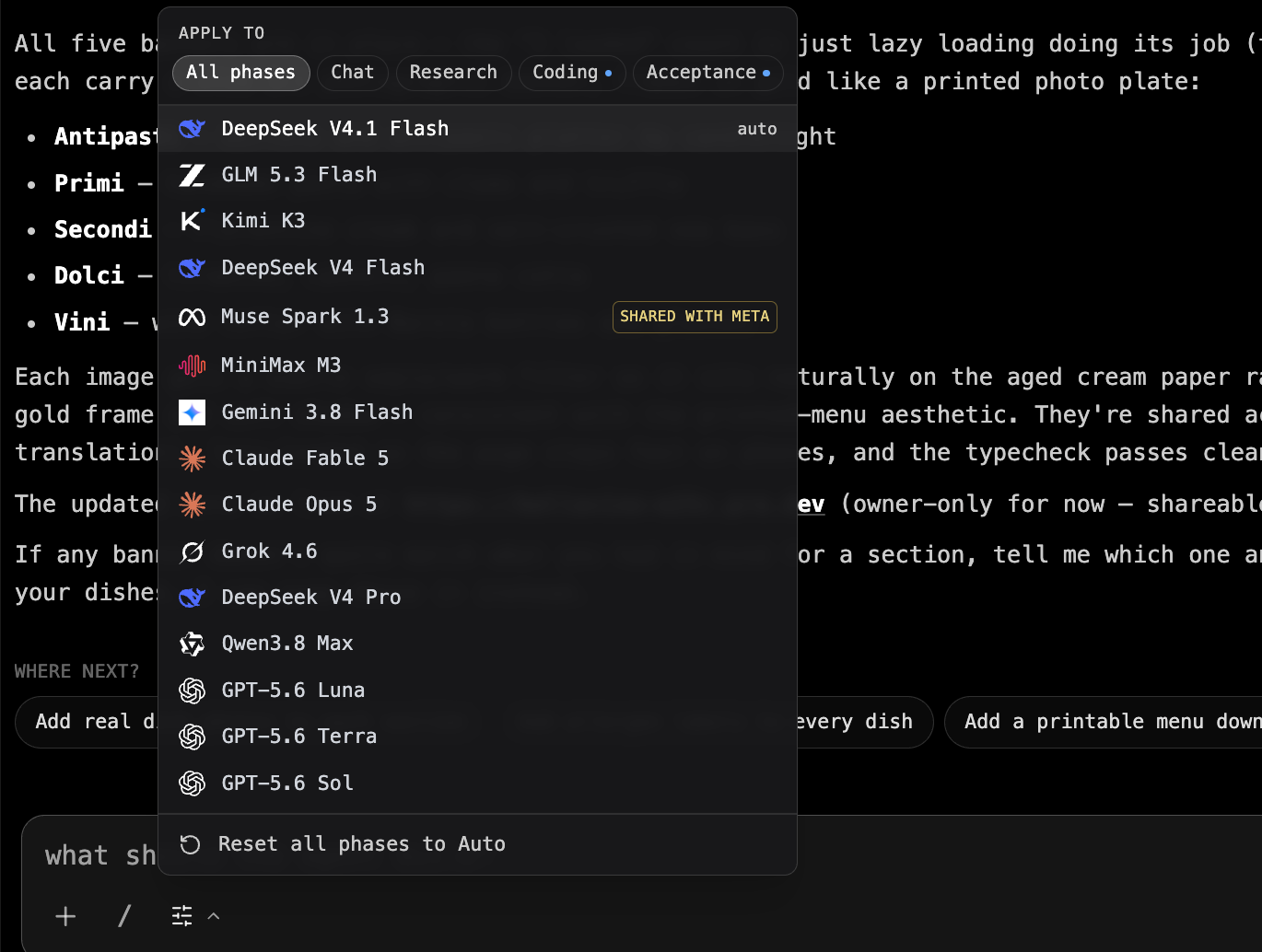 Pre.dev model picker dropdown with phase tabs and a list of models from DeepSeek V4.1 Flash (auto) to GPT-5.6 Sol