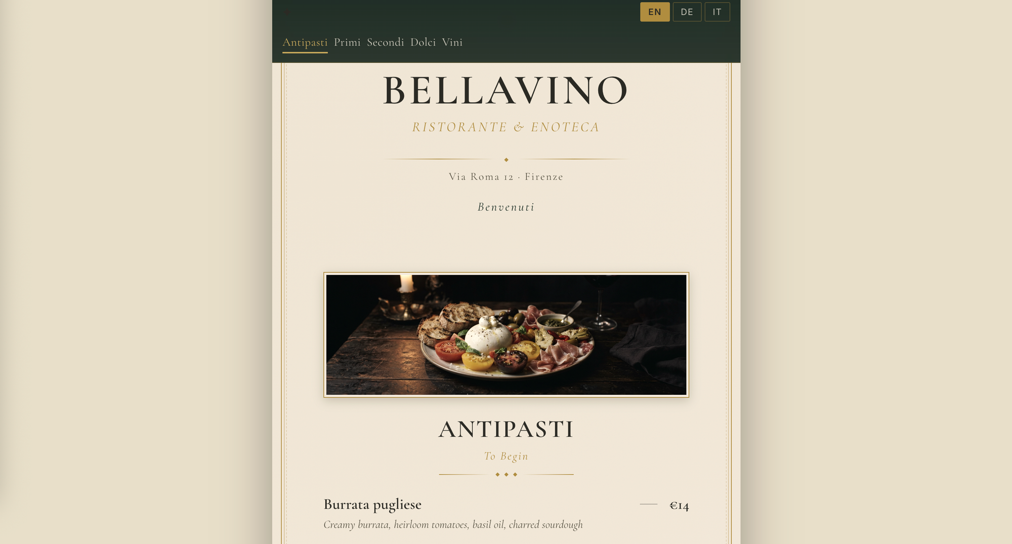 Bellavino menu page built with pre.dev: EN/DE/IT toggle, section tabs, Antipasti header with burrata pugliese at €14