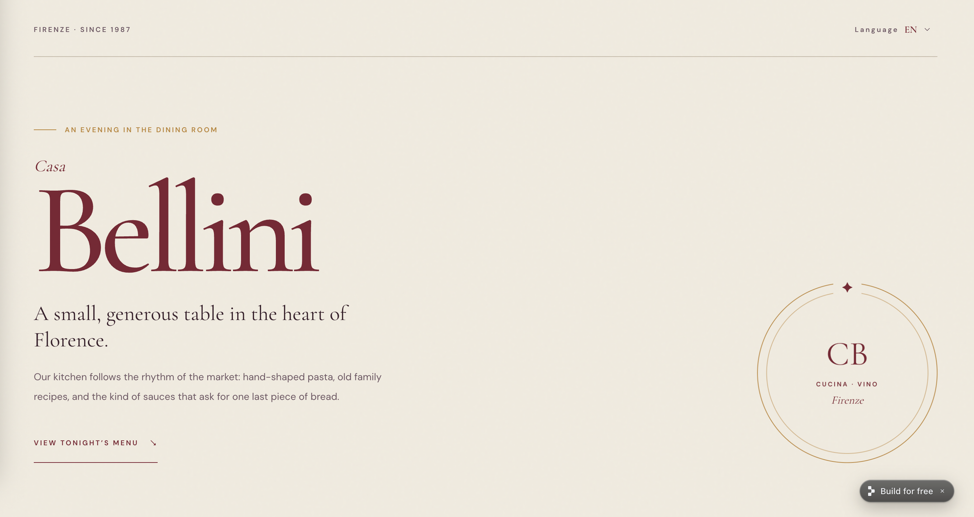 Casa Bellini restaurant homepage in cream and burgundy with Florence tagline, language selector and View Tonight's Menu