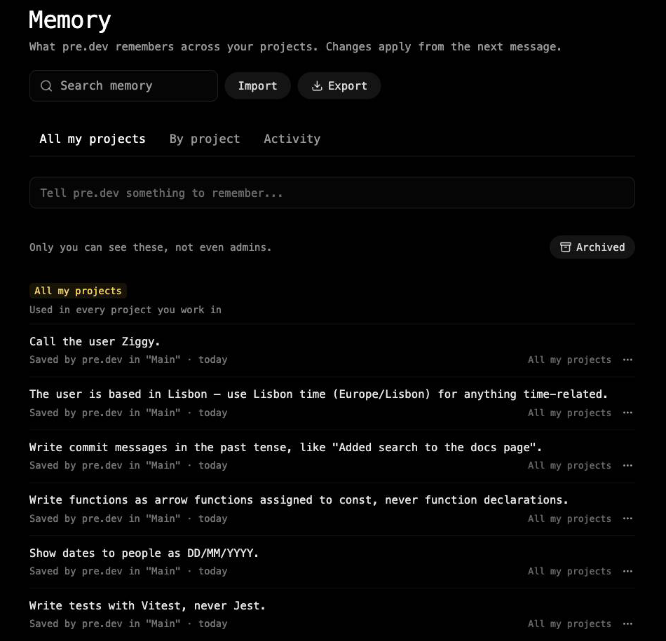 The Memory page after that chat: six entries for all projects, each marked Saved by pre.dev